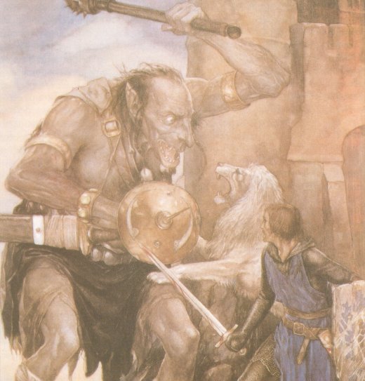 Yvain (Owain) y el León contra un Gigante