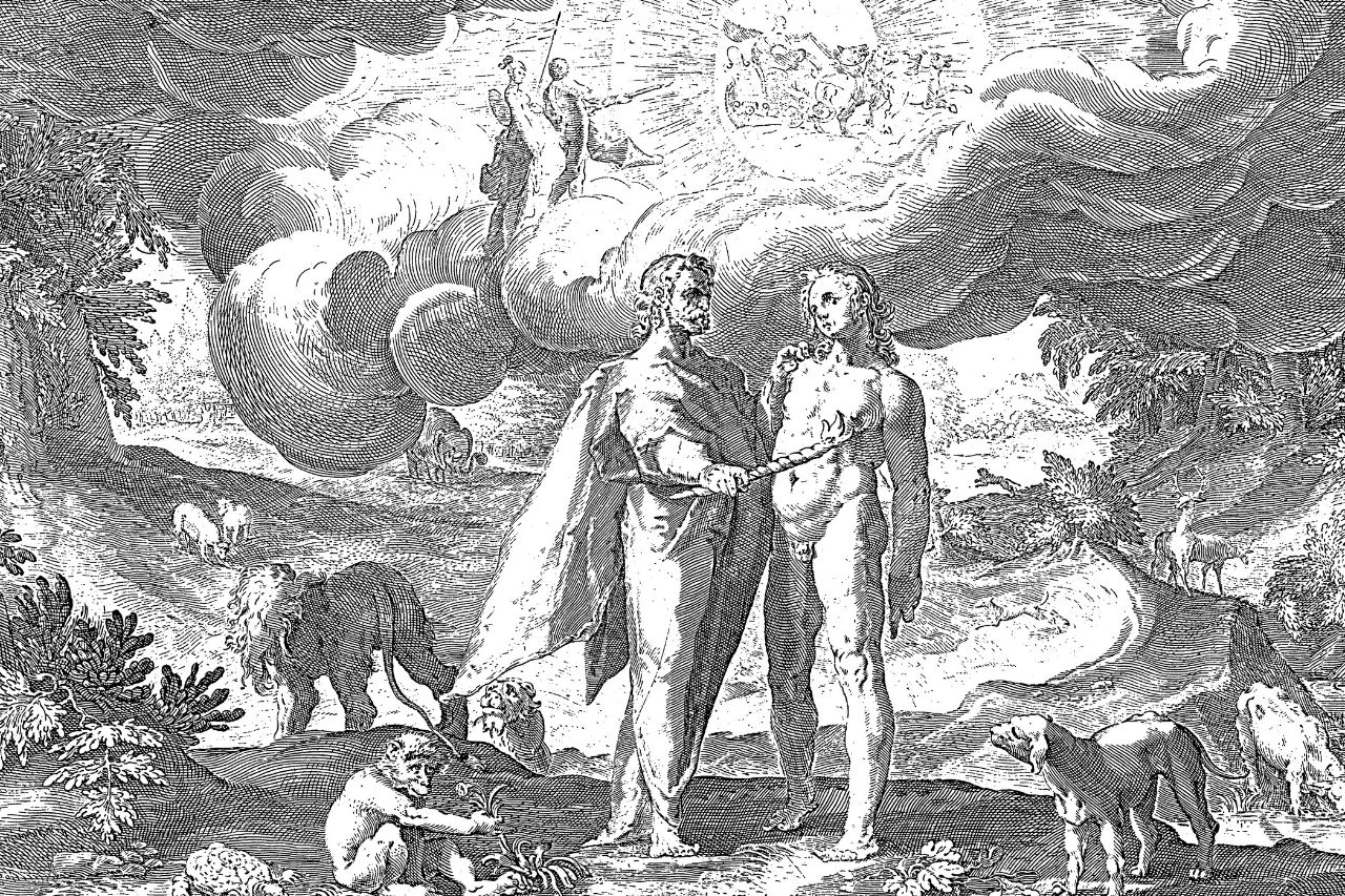 Prometeo entrega el fuego a las personas, ilustración