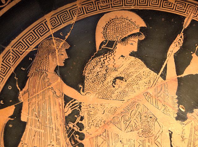 Teseo y Atenea en un jarrón griego