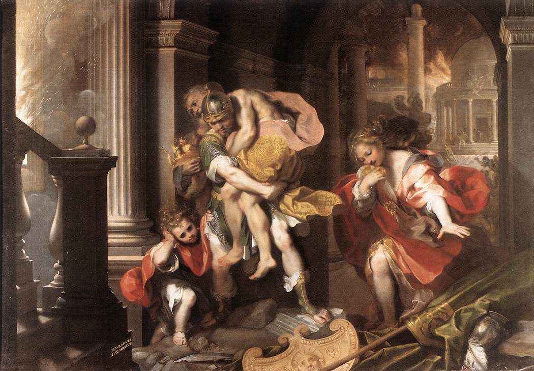 Eneas cargando a Anquises y conduciendo a Ascanio fuera de la Troya en llamas