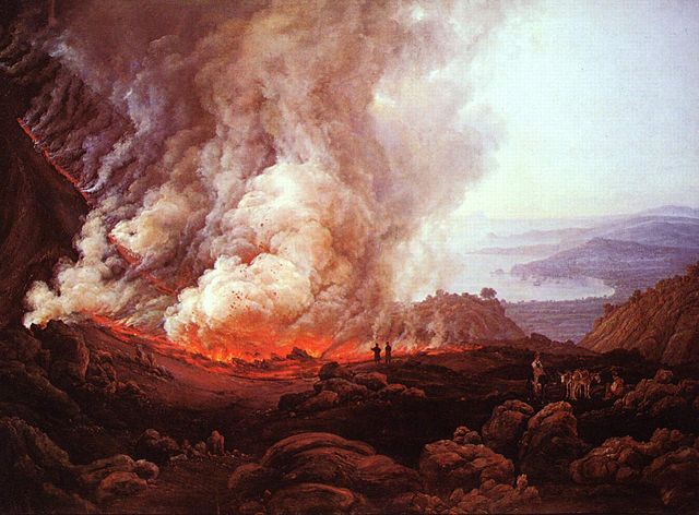 Pintura que representa la erupción del monte Vesubio en el 79 d. C.