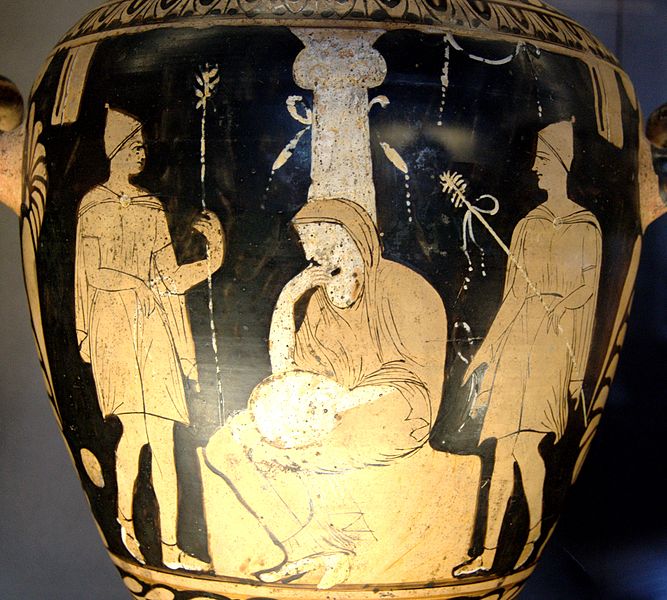 Orestes y Electra representados en un jarrón griego antiguo