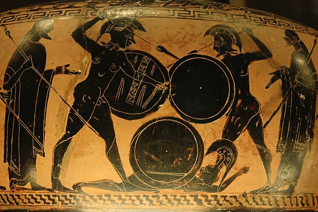 Hoplitas luchando en un jarrón griego