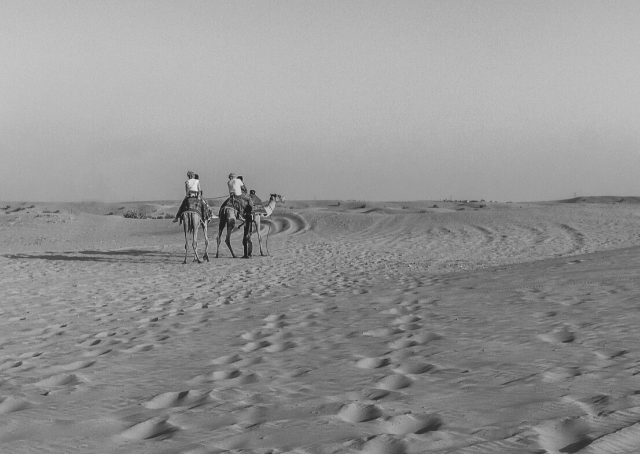 Caravana de beduinos en un desierto