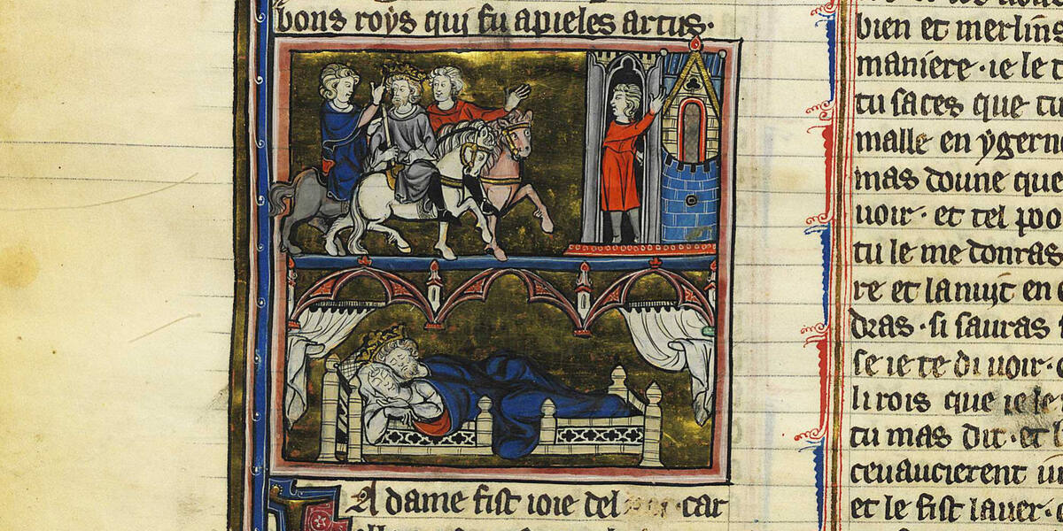 Manuscrito del siglo XIII de la <i>Prosa de Merlín</i>, del poema <i>Merlín</i> de Robert de Boron, que representa a Uther junto a Igerna en la noche de la muerte de Gorlois