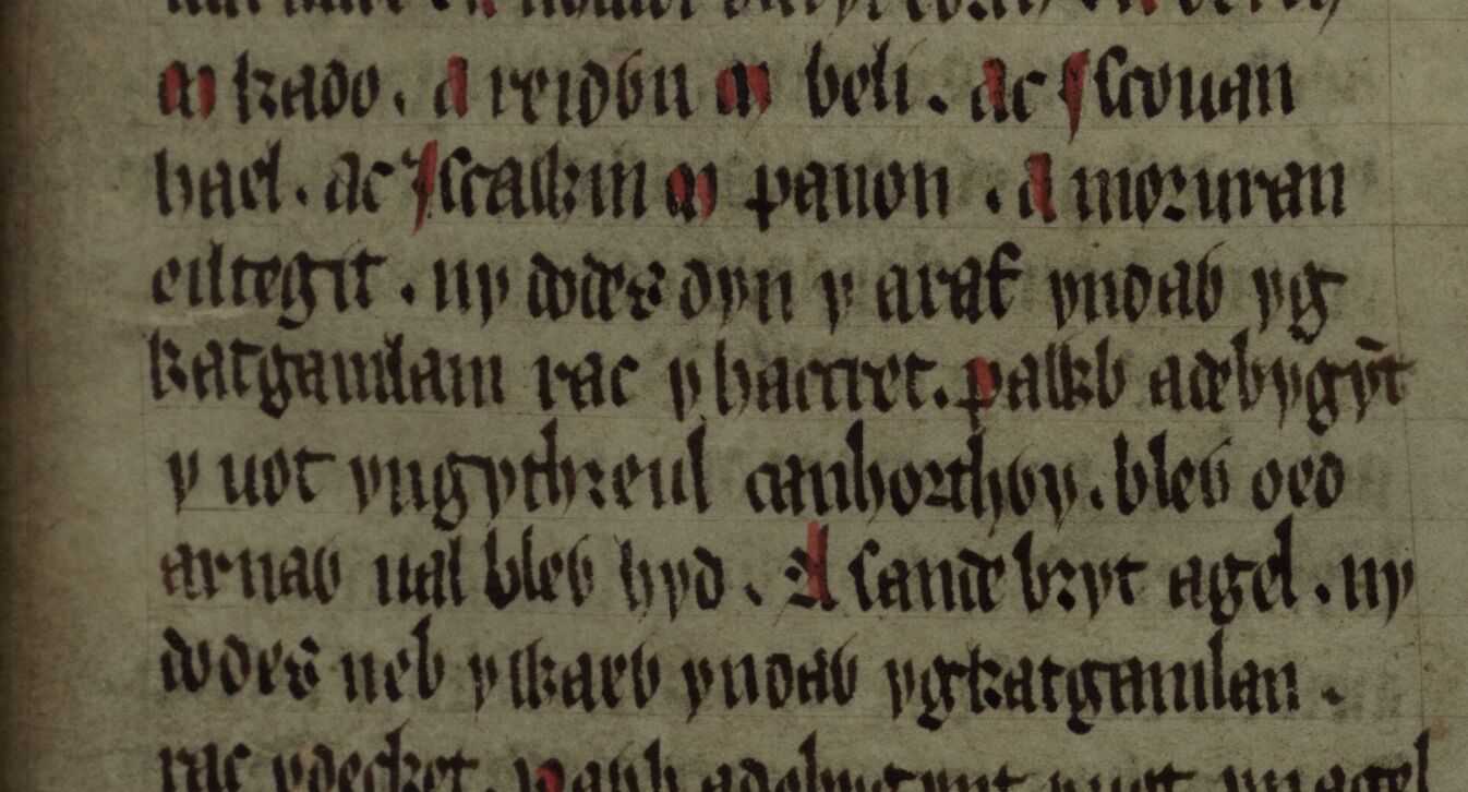 Culhwch y Olwen, folio 202r, que muestra dos referencias a la Batalla de Camlann (líneas 4 y 7)