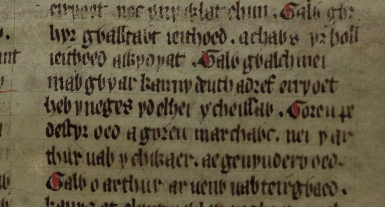 Culhwch y Olwen, folio 203r, que muestra la línea en la que se revela que Gywar, la madre de Gwalchmai, es la hermana de Arturo