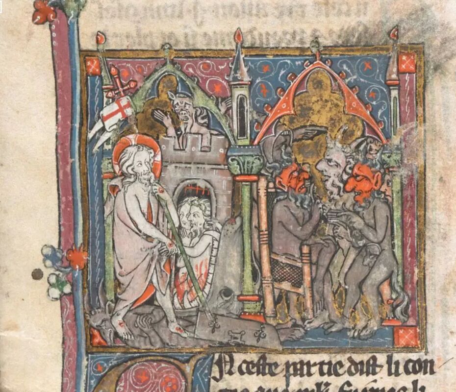 Representación de los antecedentes del nacimiento de Merlín en un manuscrito del Ciclo de la Vulgata de 1316, Museo Británico, Londres