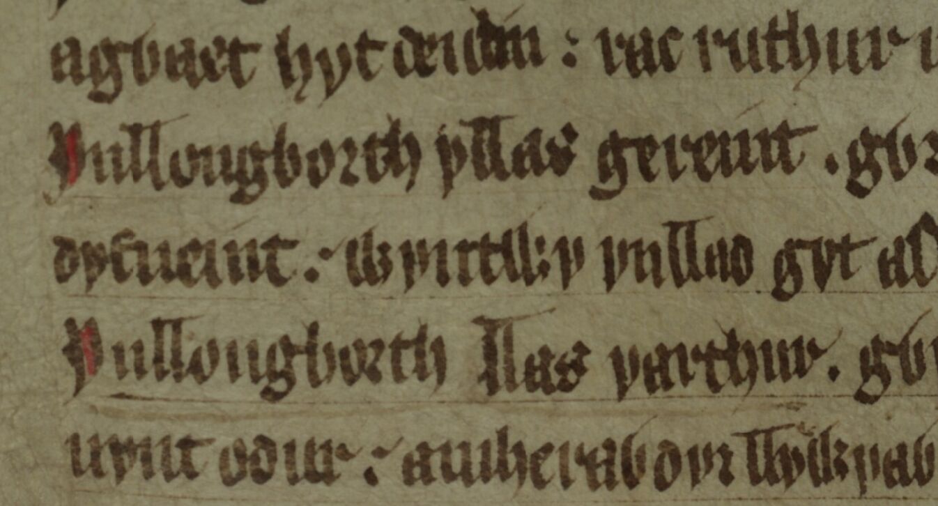 El poema <i>Englynion Gereint fab Erbin</i> en el Libro Rojo de Hergest, folio 259v, con la referencia a la muerte de Gereint en la segunda línea y la referencia a Arturo en la cuarta línea