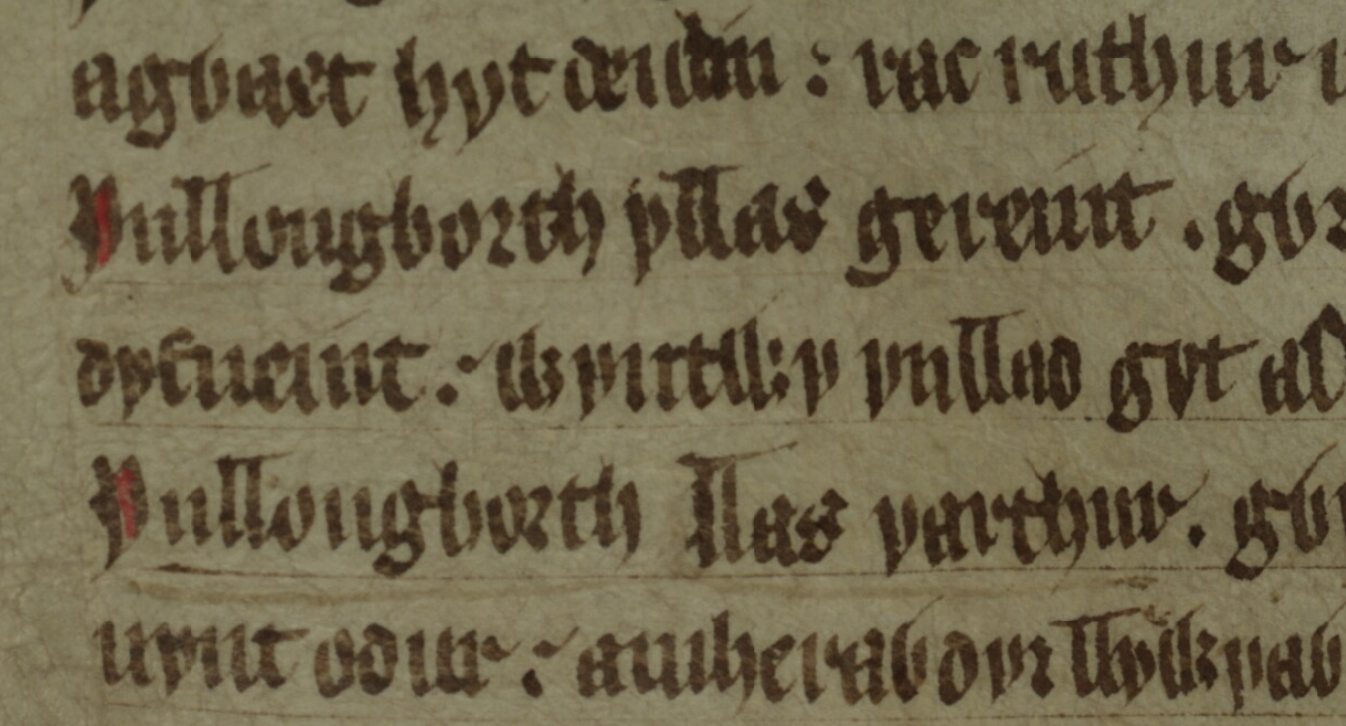 El poema <i>Englynion Gereint fab Erbin</i> en el Libro Rojo de Hergest, folio 259v, con la referencia a la muerte de Gereint en la segunda línea y la referencia a Arturo en la cuarta línea