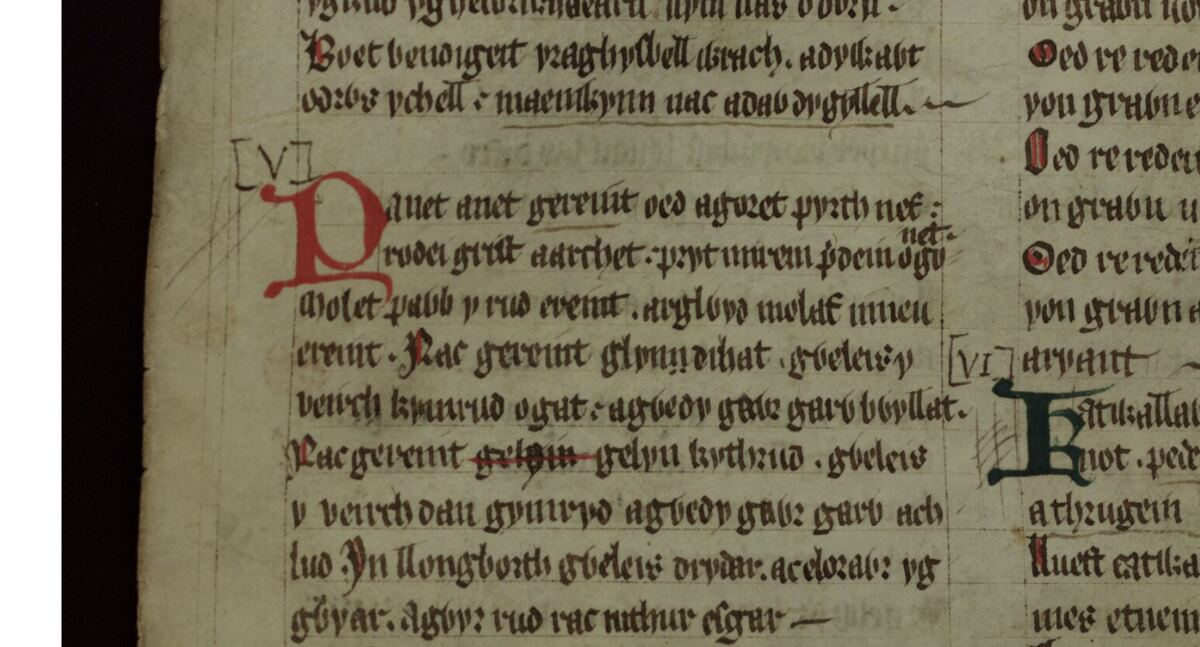 El poema <i>Englynion Gereint fab Erbin</i> en el Libro Rojo de Hergest, folio 259v, comenzando a mitad de la columna izquierda