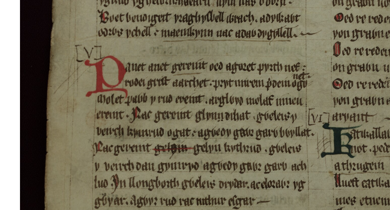 El poema <i>Englynion Gereint fab Erbin</i> en el Libro Rojo de Hergest, folio 259v, comenzando a mitad de la columna izquierda
