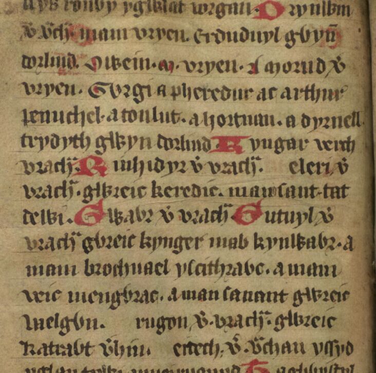 Vista del folio 33v del <i>Jesus College MS 20</i>, donde el nombre de Brychan aparece como 'Vrach' varias veces, como al inicio de las líneas siete, ocho y diez