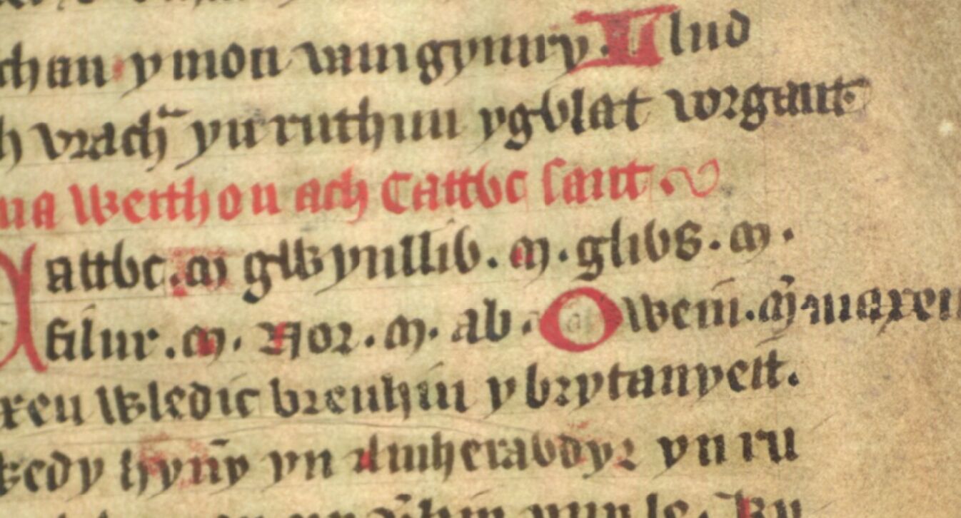 Jesus College MS 20, folio 34r, que muestra a Glywys, el padre del rey Poulentus, al final de la línea central