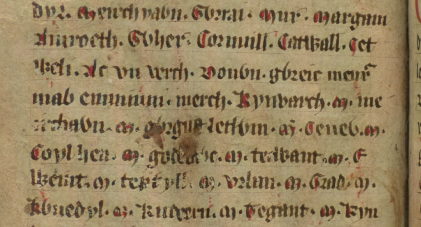Jesus College MS 20, folio 34v, que muestra a Meirchion ap Gwrgust a través de la cuarta y quinta líneas, posiblemente el oponente de Illtud