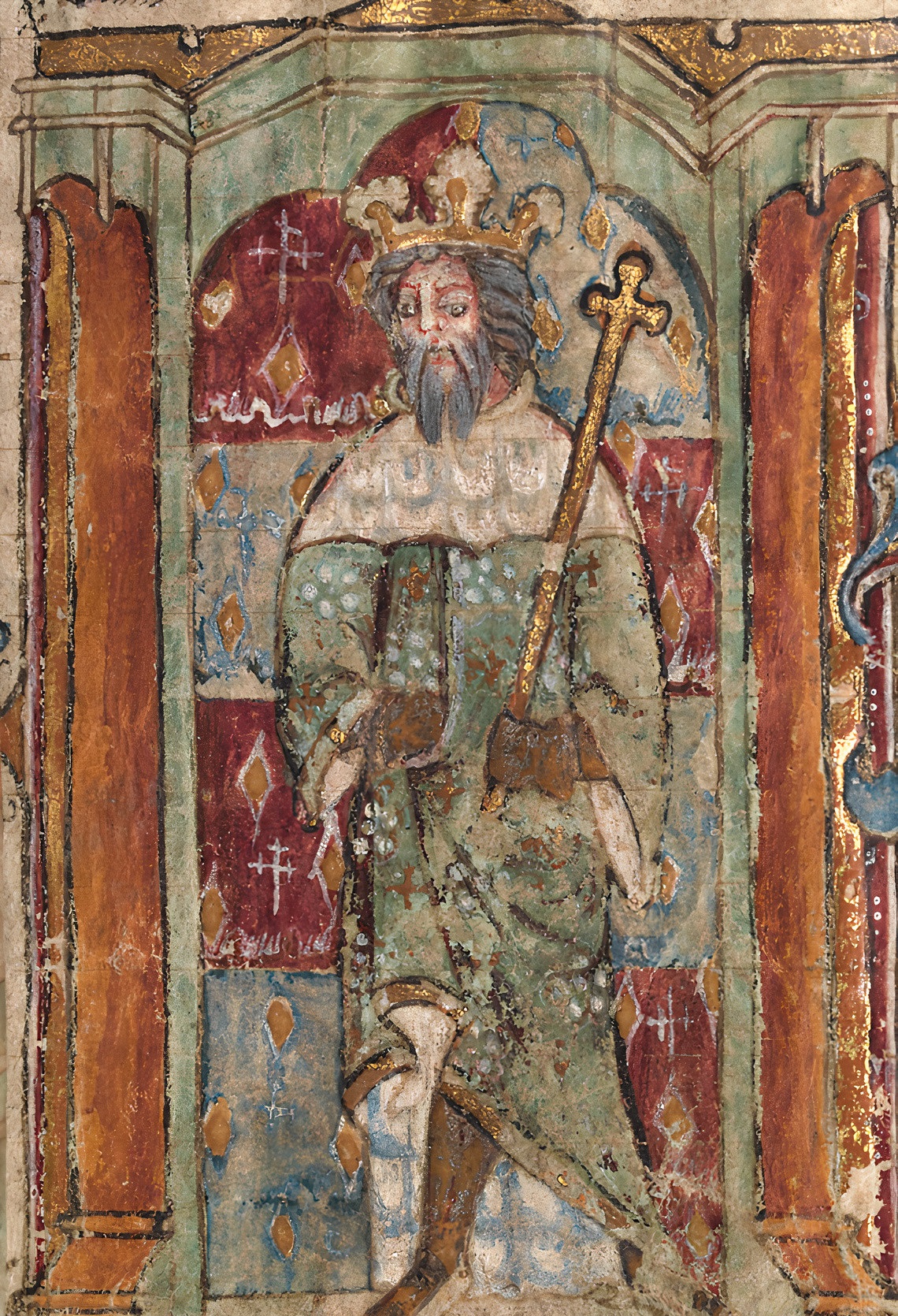 Ilustración del Libro de Horas de Llanbeblig, que posiblemente representa a Magno Máximo, siglo XIV, Biblioteca Nacional de Gales