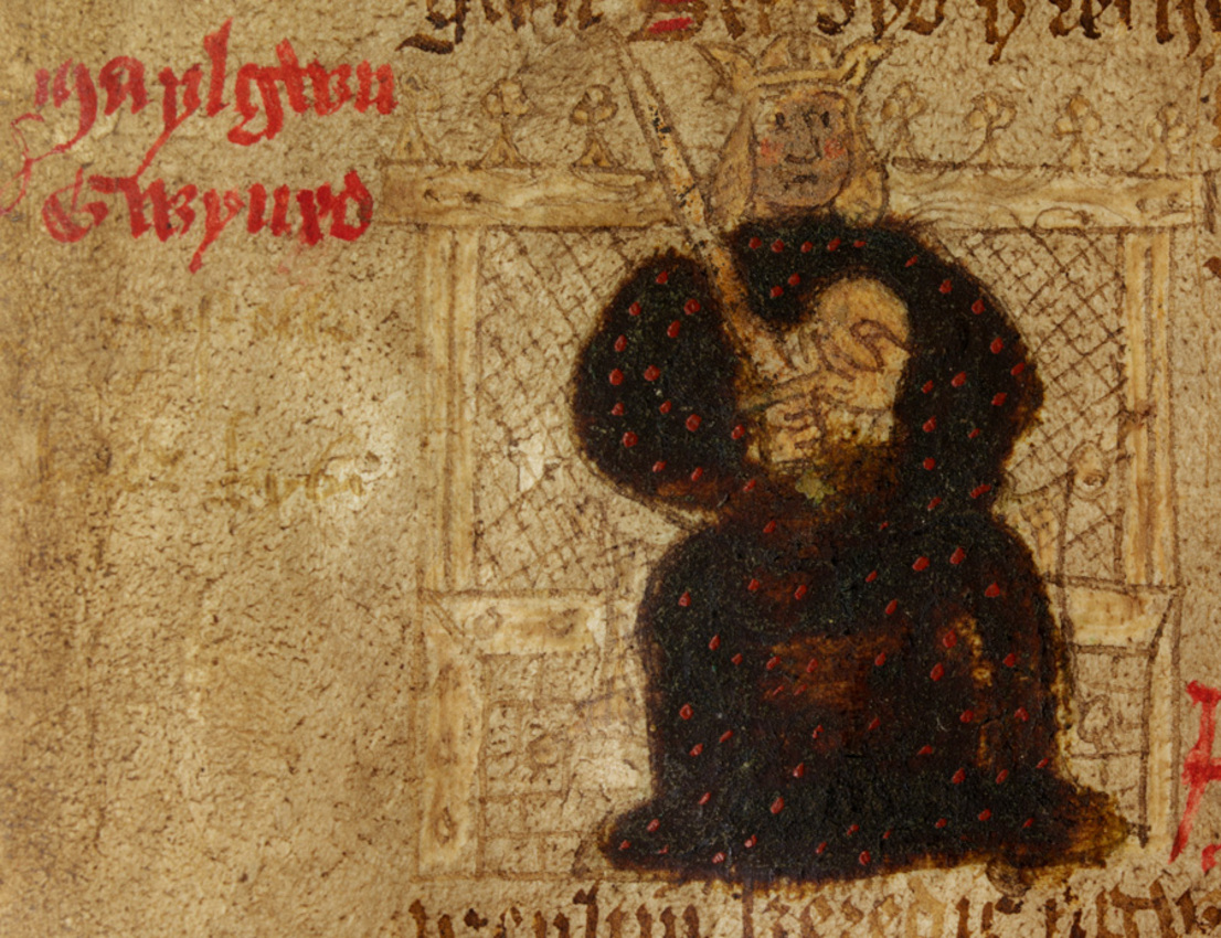 Ilustración de Maelgwn Gwynedd, rey de la Bretaña de la Edad Oscura, de <i>Brut Y Brenhinedd</i>, siglo XV, Gales