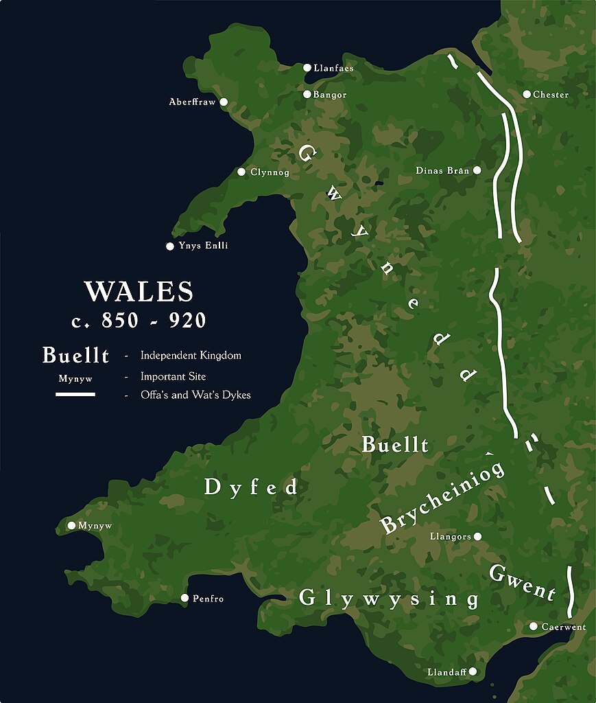 Mapa que muestra el reino meridional de Glywysing, donde Tydecho probablemente se crió, y el reino de Dyfed, donde vivió su padre, CC-BY-SA 4.0