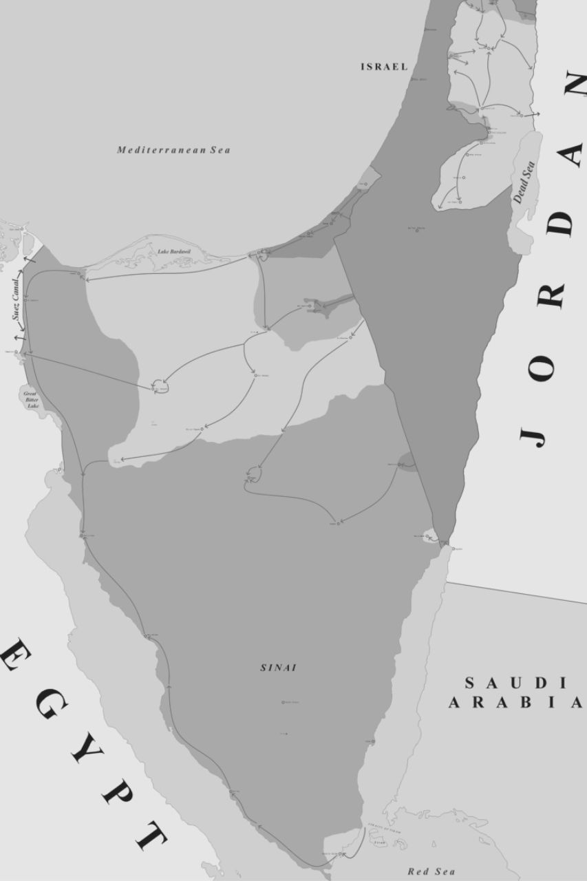 Mapa de los movimientos militares y los cambios territoriales durante la Guerra de los Seis Días