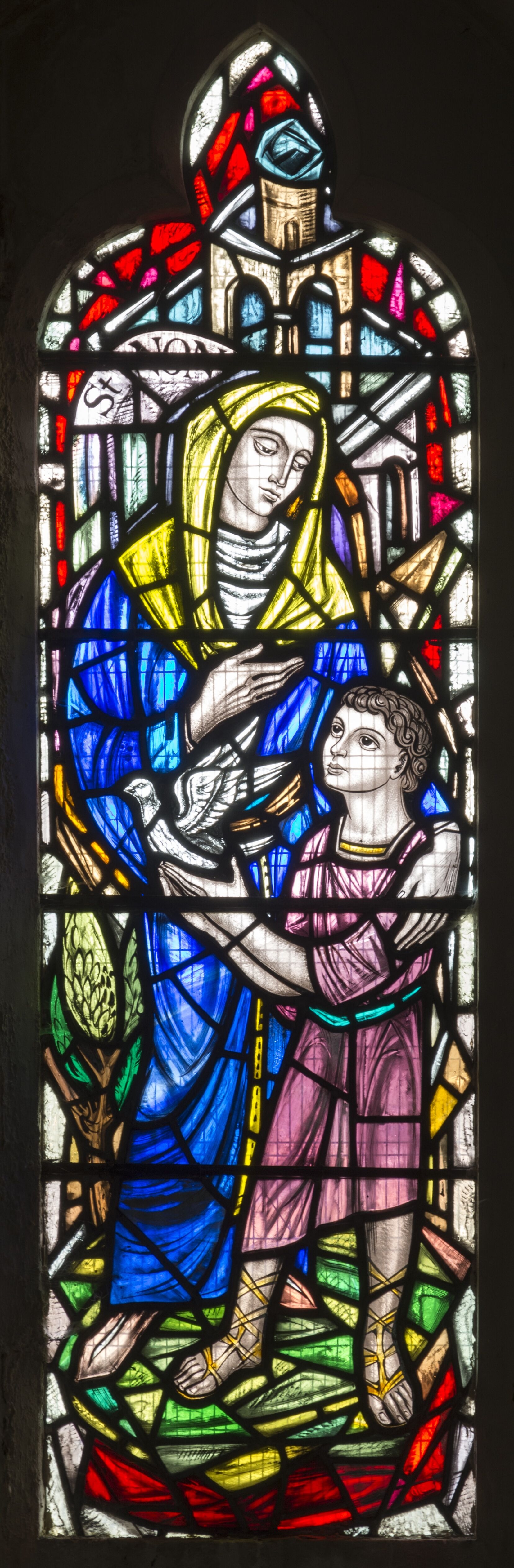 Representación en vidriera de David como joven, con su madre Nonita (aquí llamada 'Non') de Briton Ferry