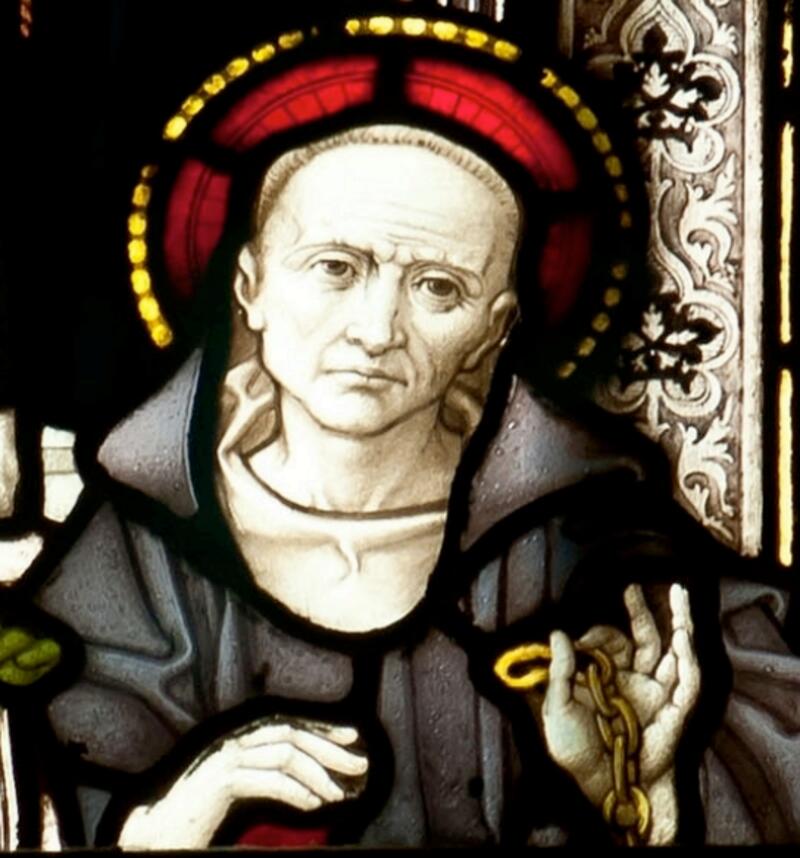 Vidriera que representa a San Petroc, cuya hagiografía posiblemente menciona al rey Constantino, catedral de Truro, Truro, Cornualles