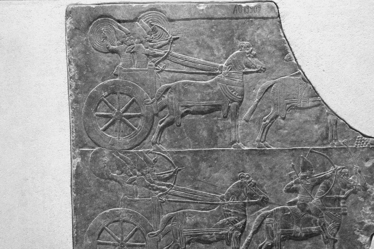 Talla en piedra de carros y arqueros mesopotámicos en un museo