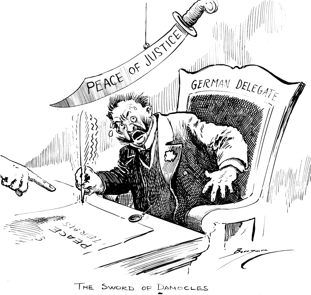 caricatura política que representa un uso moderno de la expresión 'Espada de Damocles', 1919