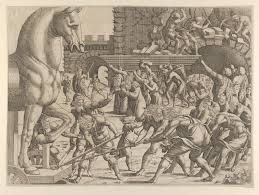 Los troyanos arrastrando el caballo de madera al interior de las murallas de Troya