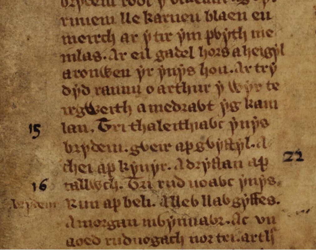 Una referencia a la Batalla de Camlann en las Tríadas Galesas, Libro Blanco de Rhydderch, folio 56r