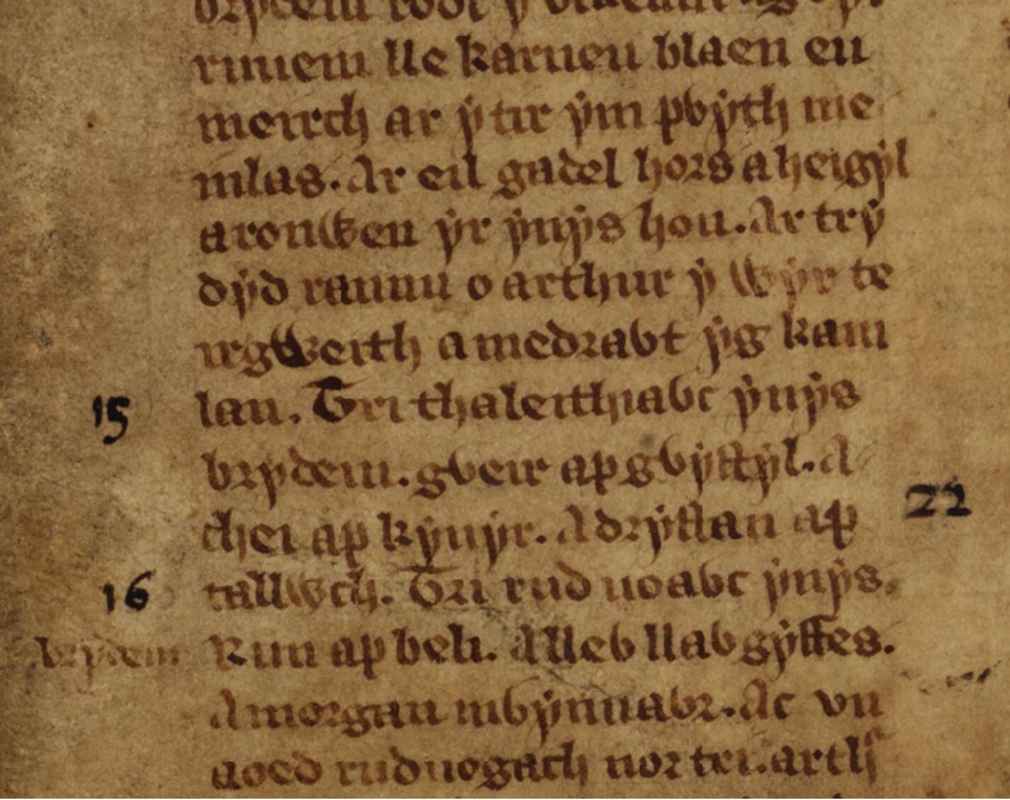 Una referencia a la Batalla de Camlann en las Tríadas Galesas, Libro Blanco de Rhydderch, folio 56r